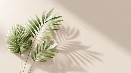 Tropical leaves casting elegant shadows on neutral beige backdrop, creating serene and minimalist aesthetic. soft light enhances natural beauty and texture of leaves