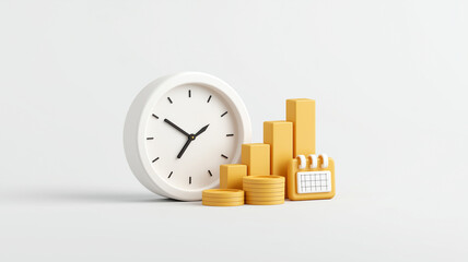 3D render of finance themed icon features clock, gold coins, bar graph, and calendar, symbolizing time management and financial planning