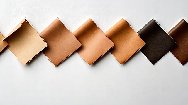 A series of leather swatches in varying shades of brown arranged on a neutral background, showcasing texture