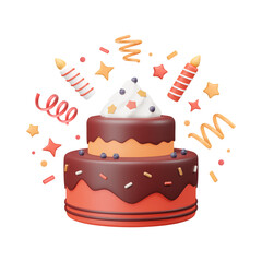 3d cake with fireworks of candles, stars, squiggles. Chocolate dessert with berries and sprinkles. Cartoon birthday icon, celebrate element. Isolated vector illustration.