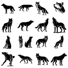 Vector Silhouette Set of Wolves in Different Poses