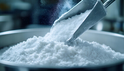 Close up view of lithium carbonate powder processed. Energy materials production. Metal scoop adds white crystal substance. Raw chemical mineral, industrial manufacturing equipment. Clean, bright