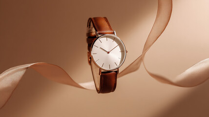 Minimalist product photography of an elegant, thin watch with a white face and brown leather strap, suspended in the air against a beige .background.