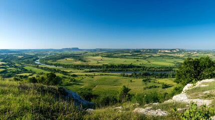 Naklejka premium Panoramic View Of Green Valley And River From Hilltop
