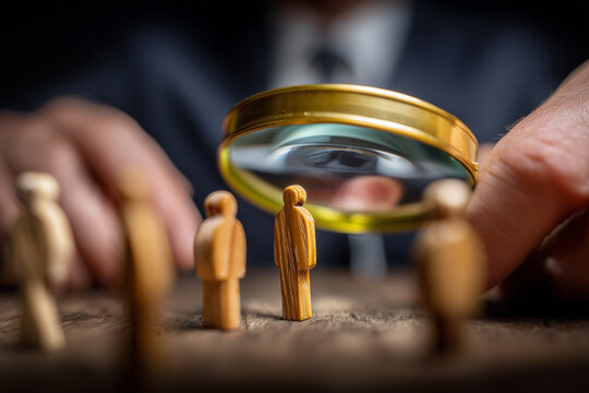 The recruitment concept with a magnifying glass highlights standout figures among wooden figurines.
