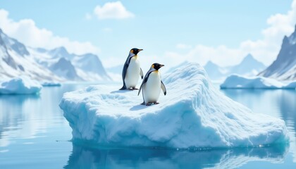Fototapeta premium Two penguins on an iceberg in a glacial landscape