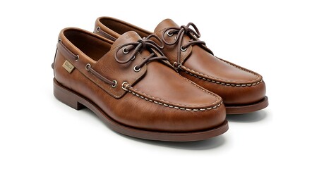 Classic Brown Leather Boat Shoes with White Stitching on White Background