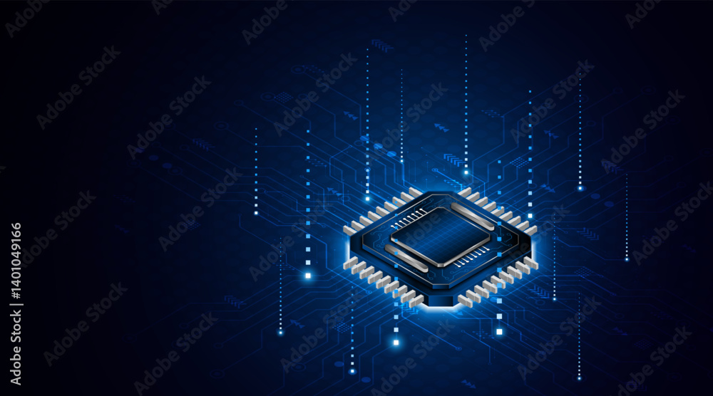 Aufkleber Microchip processor circuit board technology on dark blue background. Information Processing Concept. Circuit board hi-tech technology background. vector illustration