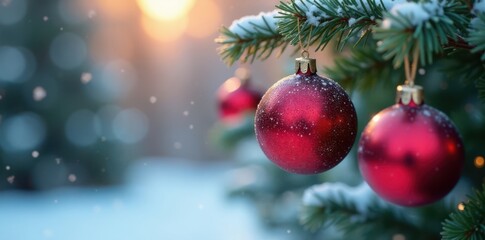 Obraz premium Colorful Christmas balls hanging from a branch in a winter garden, red, green