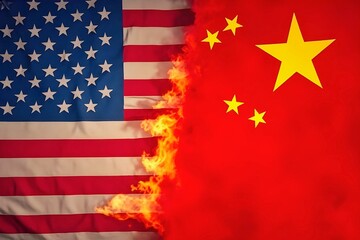 American flag and China flag with fire burning in the background. USA finance, government, and economics concept. Trade war. Tax and tariff concept
