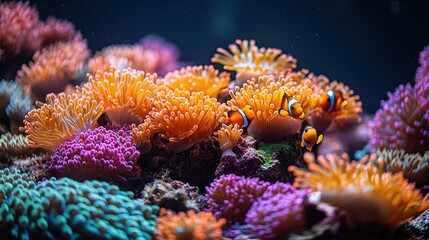 Obraz premium Vibrant aquatic scene of clownfish amidst colorful anemones in a coral reef habitat
