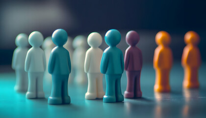 Employee onboarding process. Row of toy plastic faceless workers. The concept of human resources, first day at work, team introduction, corporate culture. Newcomer stands out leadership qualities.