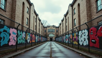 Fototapeta premium Urban alleyway with colorful murals