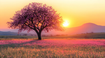 Fototapeta premium Pink Blossom Tree in a Flower Field at Sunset