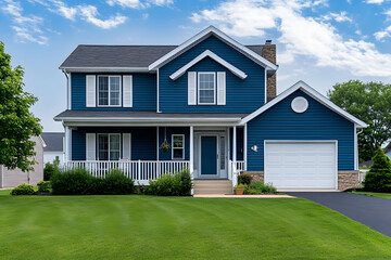 Fototapeta premium Exterior of a suburban home with blue siding, a white front porch, and white shutters.