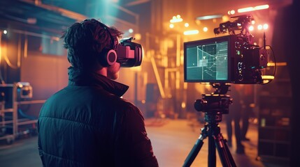 Man Wearing Vr Headset on Film Set with Camera and Monitor