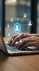 Connected World: Typing on Laptop, Building Networks Online. Digital Communication, Social Media, Business & Tech, Efficiency, Work From Home