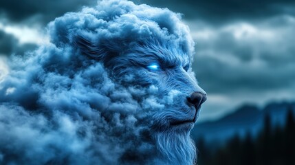 An impressive depiction of a lion's face shaped from dynamic clouds, radiating an aura of strength and beauty, representing the fierce nature of pride and majesty of wildlife.