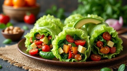 Raw food diet with fresh vegan rolls. Raw food diet concept with cabbage wraps filled with tomato , spinach and avocado. vegan dish with fresh vegetables. detox, detoxification diet