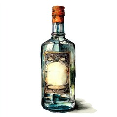 Hand-painted illustration of a vintage liquor bottle.  Detailed watercolor style depiction of a glass bottle with a decorative label.  A vintage aesthetic