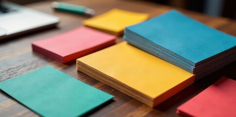 Fototapeta premium Colorful business cards scattered on a wooden desk, organized, papers