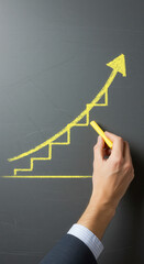 Chalkboard Success: Drawing Growth, Business Strategies & Upward Trends! Vision, Strategy, Hand Drawn, Yellow Chalk, Growth, Rising Arrow Concept
