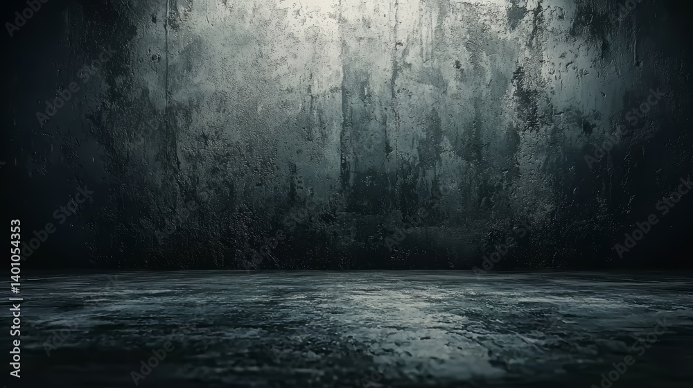 Poster dark, empty room with a wall that is covered in graffiti. the room is bare and has a sense of emptin