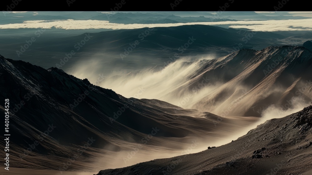 Poster Desolate landscape with a mountain range in the background. The sky is cloudy and the sun is setting
