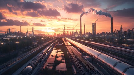 Integrated sustainable energy pipeline system with hydrogen production facility in a modern urban cityscape at sunset  Clean and renewable energy infrastructure for the future