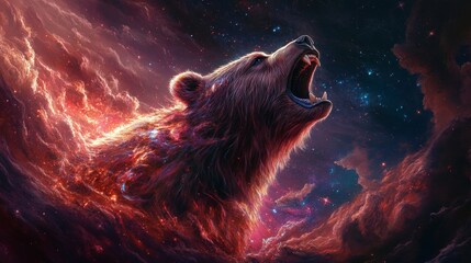Majestic brown bear roaring in the colorful nebulae of deep space