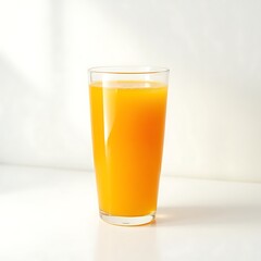 A glass of fresh orange juice with a ripe orange on a white background