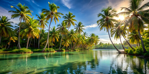 Obraz premium Coconut trees swaying over a sunlit tropical lagoon