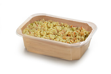 A biodegradable wooden food container filled with couscous mixed with colourful vegetables like peas and chickpea. The dish looks fresh, healthy, and perfect for a light, eco-friendly meal