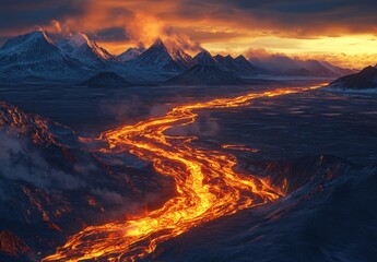 Volcanic eruption creating lava river mountainous landscape natural phenomenon dramatic sunset aerial view earth science exploration