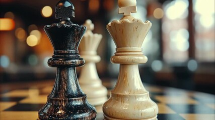 Chess match highlights strategy between black and white pieces in cozy cafe setting