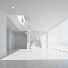 Obraz premium A modern, bright interior showcasing a staircase bathed in natural light. Clean lines and minimalist design create a sense of spaciousness and elegance.