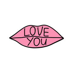 Valentine kiss with LOVE YOU text on pink lips illustration. Doodle of lips with love text and hearts, creating romantic kiss concept. Perfect for expressing love and affection on Valentines Day