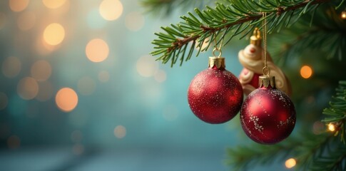 Obraz premium Decorative Christmas ornaments suspended from a festive branch, festive colors, Christmas decorations