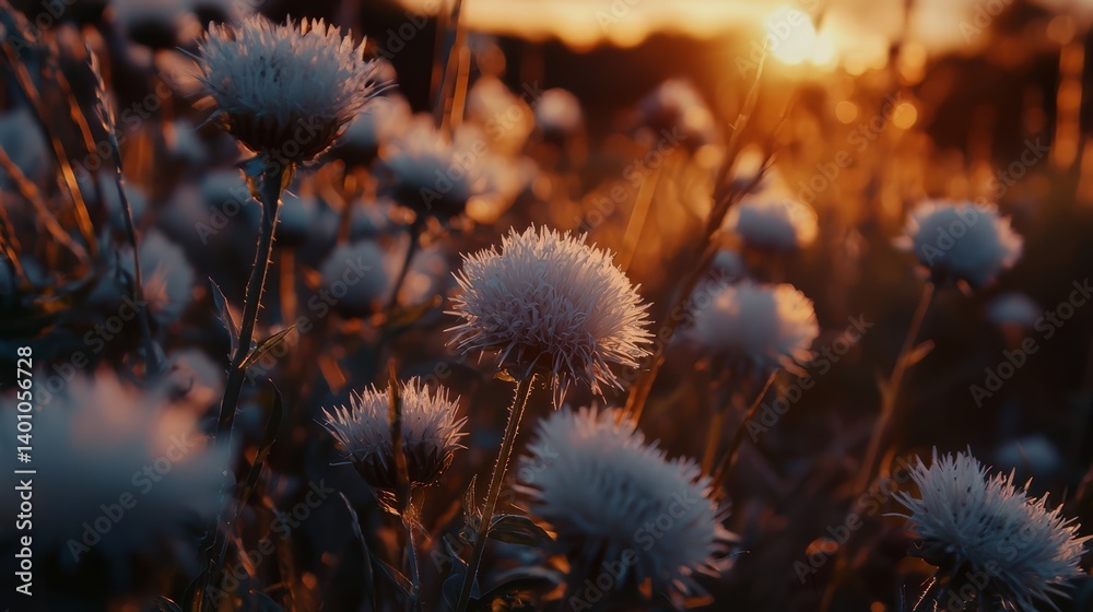 Poster field of flowers with a sun in the background. the sun is setting and the flowers are covered in fro