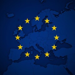 A visual representation of Europe featuring the iconic European Union (EU) star emblem on a detailed map of the continent. The blue backdrop and golden stars embody the spirit of unity, solidarity.