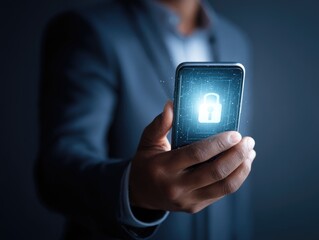 Secure mobile device.  Hand holds smartphone with lock graphic