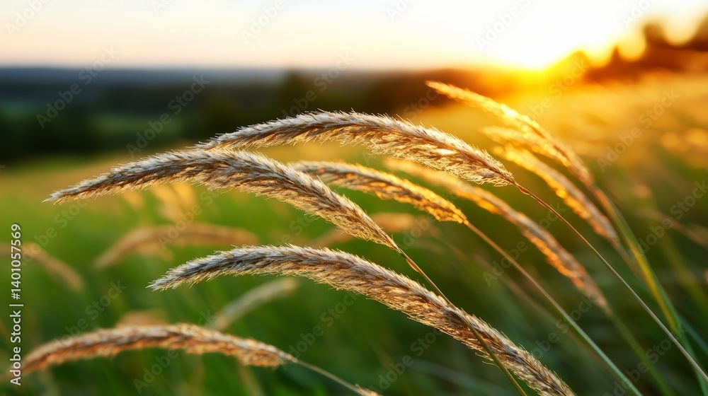 Poster field of tall grass with the sun shining on it. the sun is setting in the background