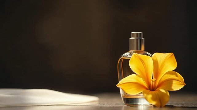 Beauty industry. Unveiling Elegance: A Human Hand Lifting a Sheer Veil to Reveal a Luxurious Perfume Bottle with a yellow flower next to it on brown background