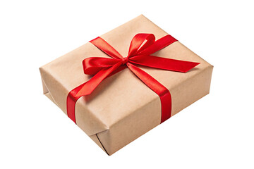 Obraz premium A gold gift box with a red ribbon and bow, isolated for any holiday celebration surprise