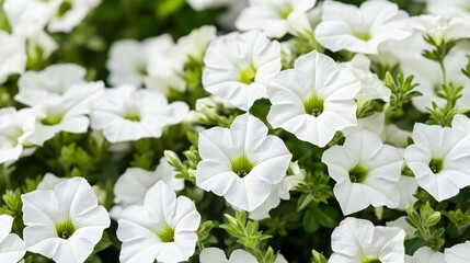 Blooming white petunias in a garden nature photography vibrant floral display outdoor scene close-up perspective serenity
