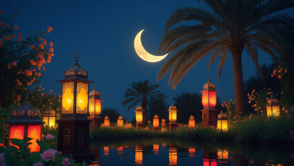 A serene Ramadan night, glowing lanterns illuminate a tranquil oasis under a crescent moon, creating a magical atmosphere of peace and reflection with warm light and soft shadows.