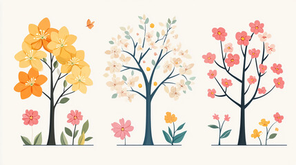 Floral tree illustrations with blooming flowers and butterfly. Colorful seasonal botanical artwork.