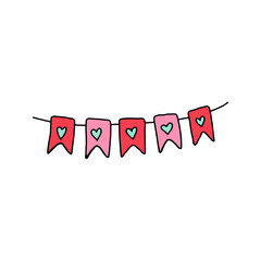 Valentine garland with hearts on cute banners. Hand drawn colorful garland perfect for decorating any romantic space. Use garland to express love, affection and celebrate Valentines Day. Decor