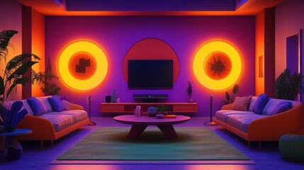 Retro living room, neon lights, night scene, TV, plants, home decor