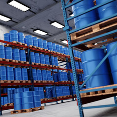Blue barrel drums are stacked on wooden pallets on shelves. Concept of chemical industry, petroleum industry